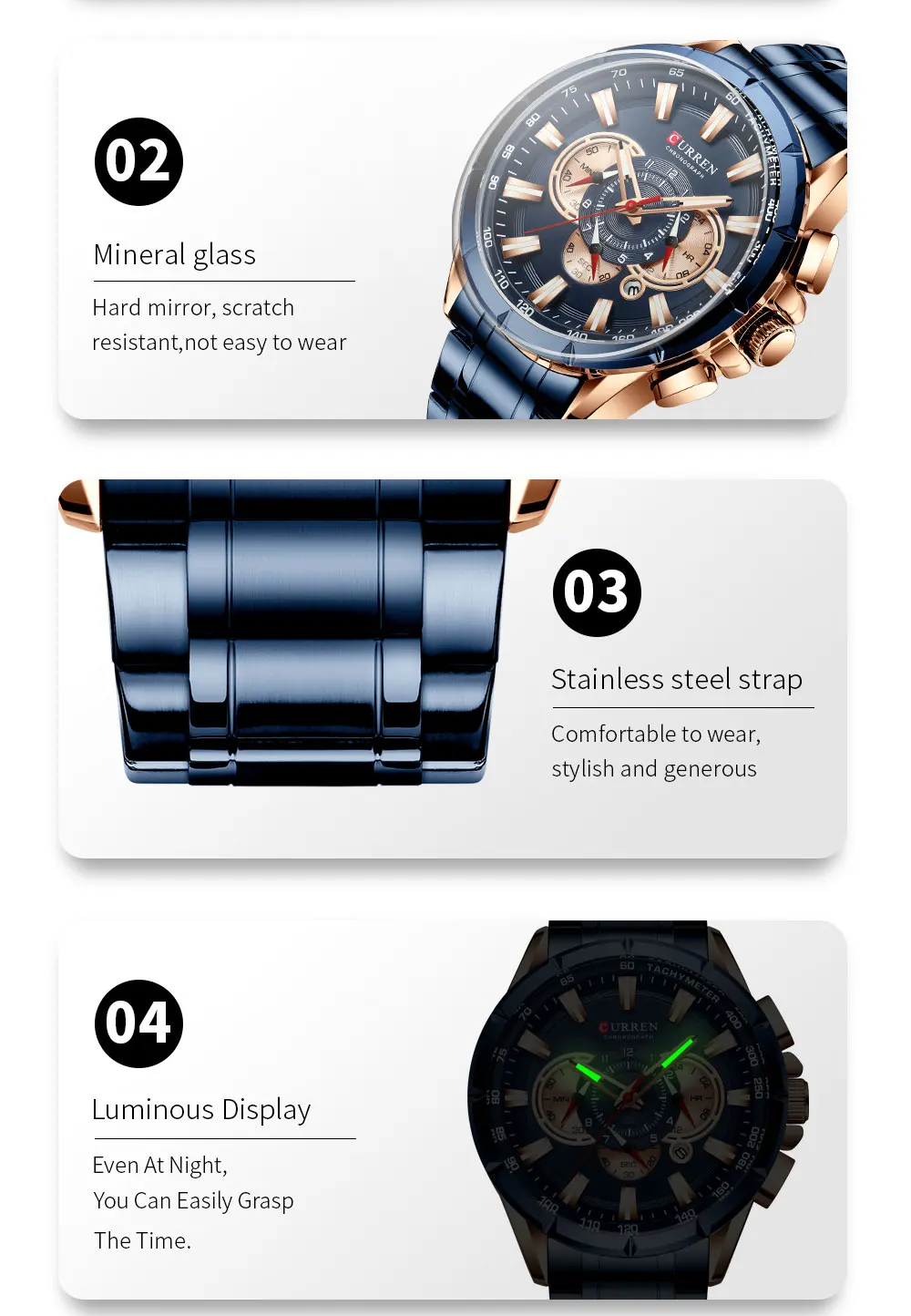 CURREN Men's Watch Casual Sports Chronograph Stainless Steel Strap Black Large Dial Quartz Waterproof Clock Luminous Display
