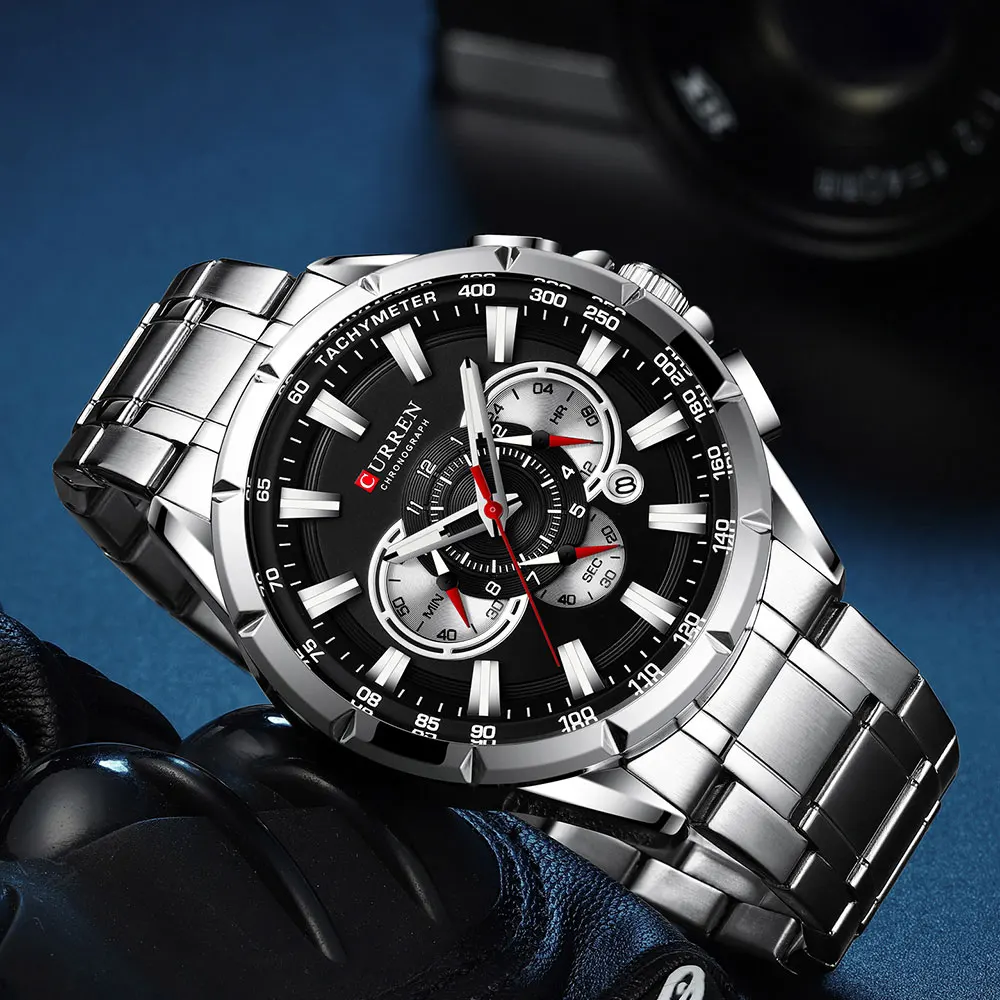 CURREN Men's Watch Casual Sports Chronograph Stainless Steel Strap Black Large Dial Quartz Waterproof Clock Luminous Display