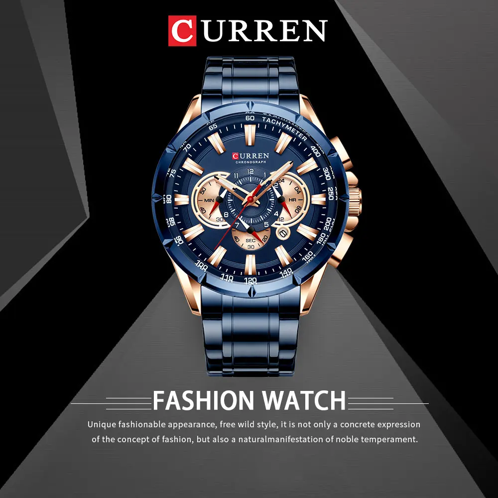 CURREN Men's Watch Casual Sports Chronograph Stainless Steel Strap Black Large Dial Quartz Waterproof Clock Luminous Display