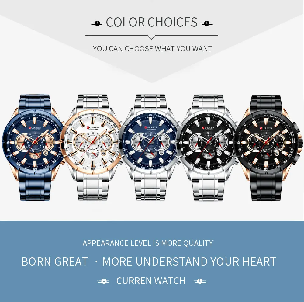 CURREN Men's Watch Casual Sports Chronograph Stainless Steel Strap Black Large Dial Quartz Waterproof Clock Luminous Display