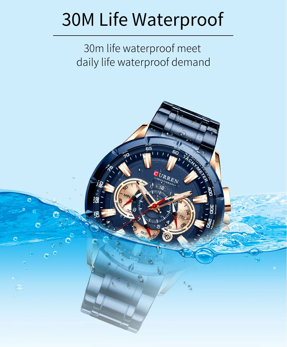 CURREN Men's Watch Casual Sports Chronograph Stainless Steel Strap Black Large Dial Quartz Waterproof Clock Luminous Display