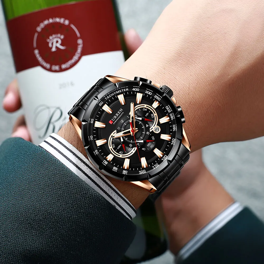 CURREN Men's Watch Casual Sports Chronograph Stainless Steel Strap Black Large Dial Quartz Waterproof Clock Luminous Display