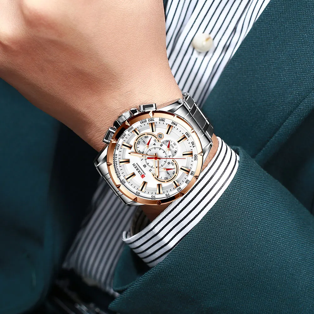 CURREN Men's Watch Casual Sports Chronograph Stainless Steel Strap Black Large Dial Quartz Waterproof Clock Luminous Display