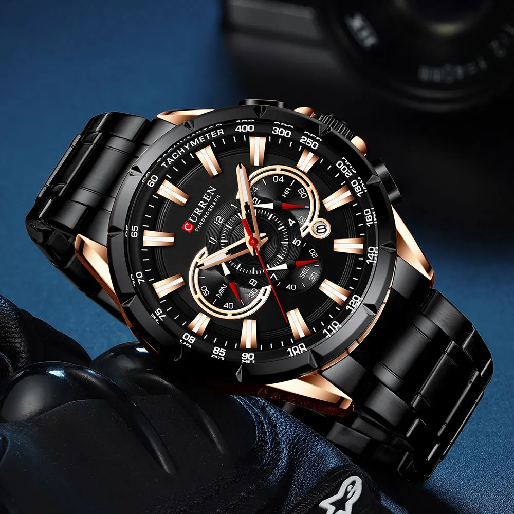 CURREN Men's Watch Casual Sports Chronograph Stainless Steel Strap Black Large Dial Quartz Waterproof Clock Luminous Display