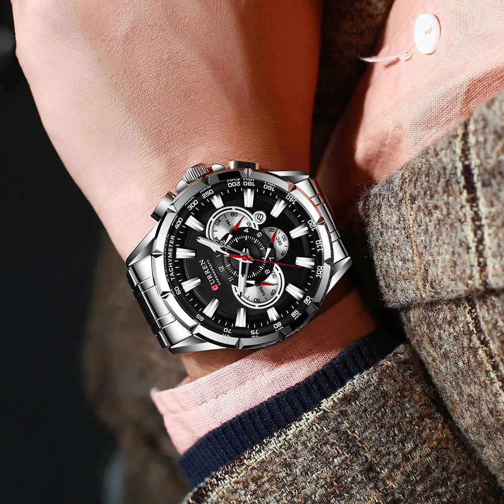 CURREN Men's Watch Casual Sports Chronograph Stainless Steel Strap Black Large Dial Quartz Waterproof Clock Luminous Display
