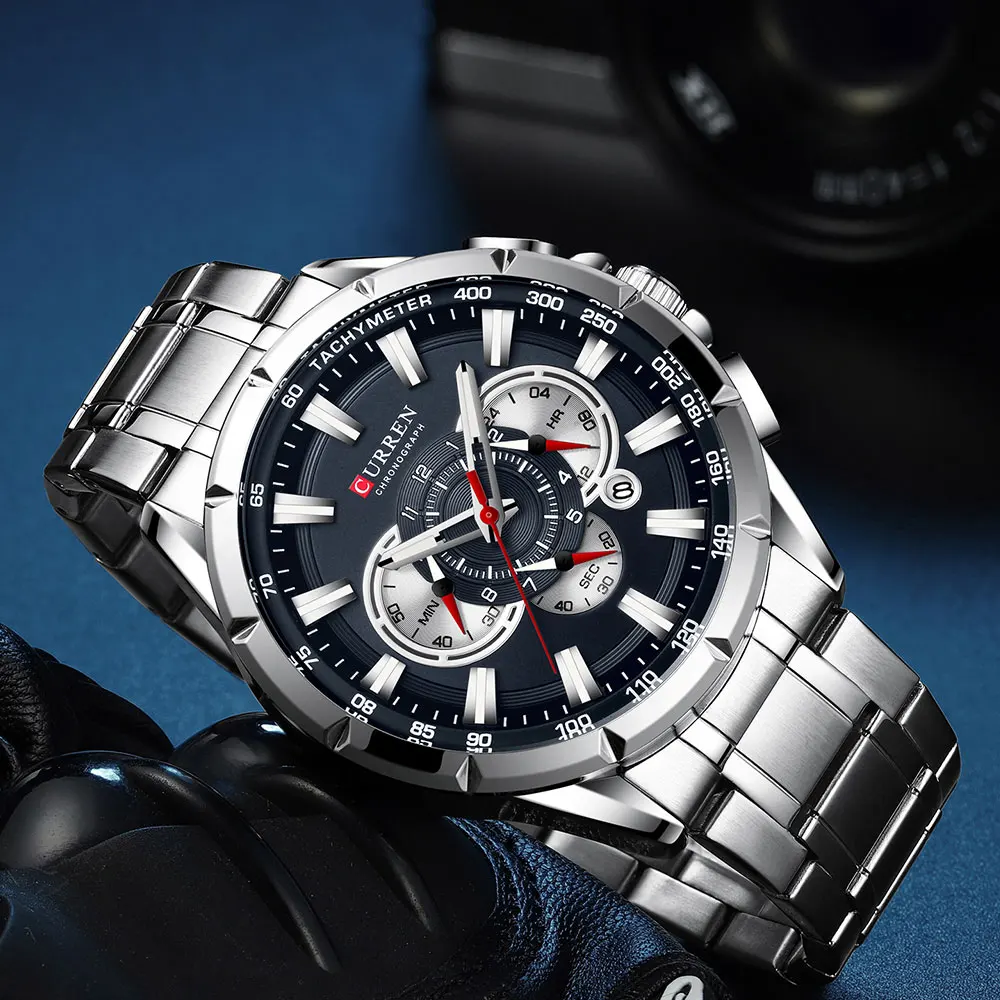 CURREN Men's Watch Casual Sports Chronograph Stainless Steel Strap Black Large Dial Quartz Waterproof Clock Luminous Display
