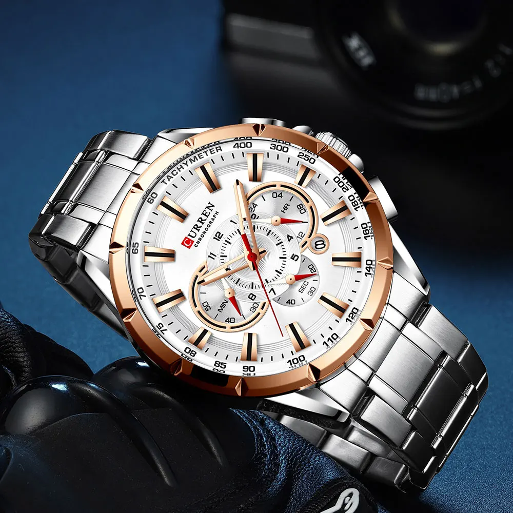 CURREN Men's Watch Casual Sports Chronograph Stainless Steel Strap Black Large Dial Quartz Waterproof Clock Luminous Display