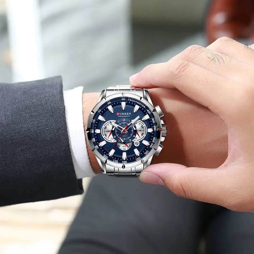 CURREN Men's Watch Casual Sports Chronograph Stainless Steel Strap Black Large Dial Quartz Waterproof Clock Luminous Display