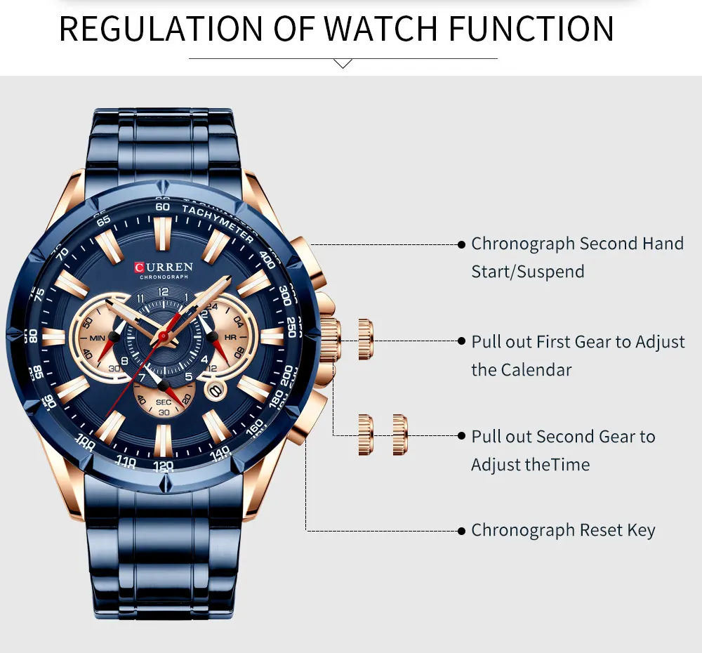 CURREN Men's Watch Casual Sports Chronograph Stainless Steel Strap Black Large Dial Quartz Waterproof Clock Luminous Display