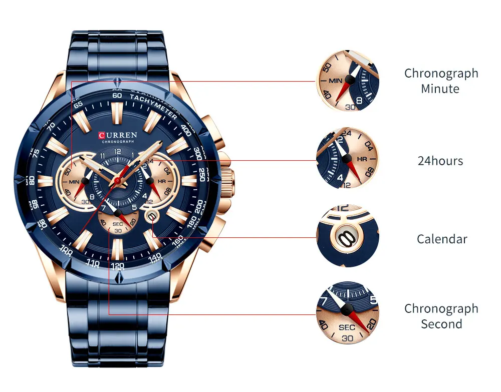 CURREN Men's Watch Casual Sports Chronograph Stainless Steel Strap Black Large Dial Quartz Waterproof Clock Luminous Display