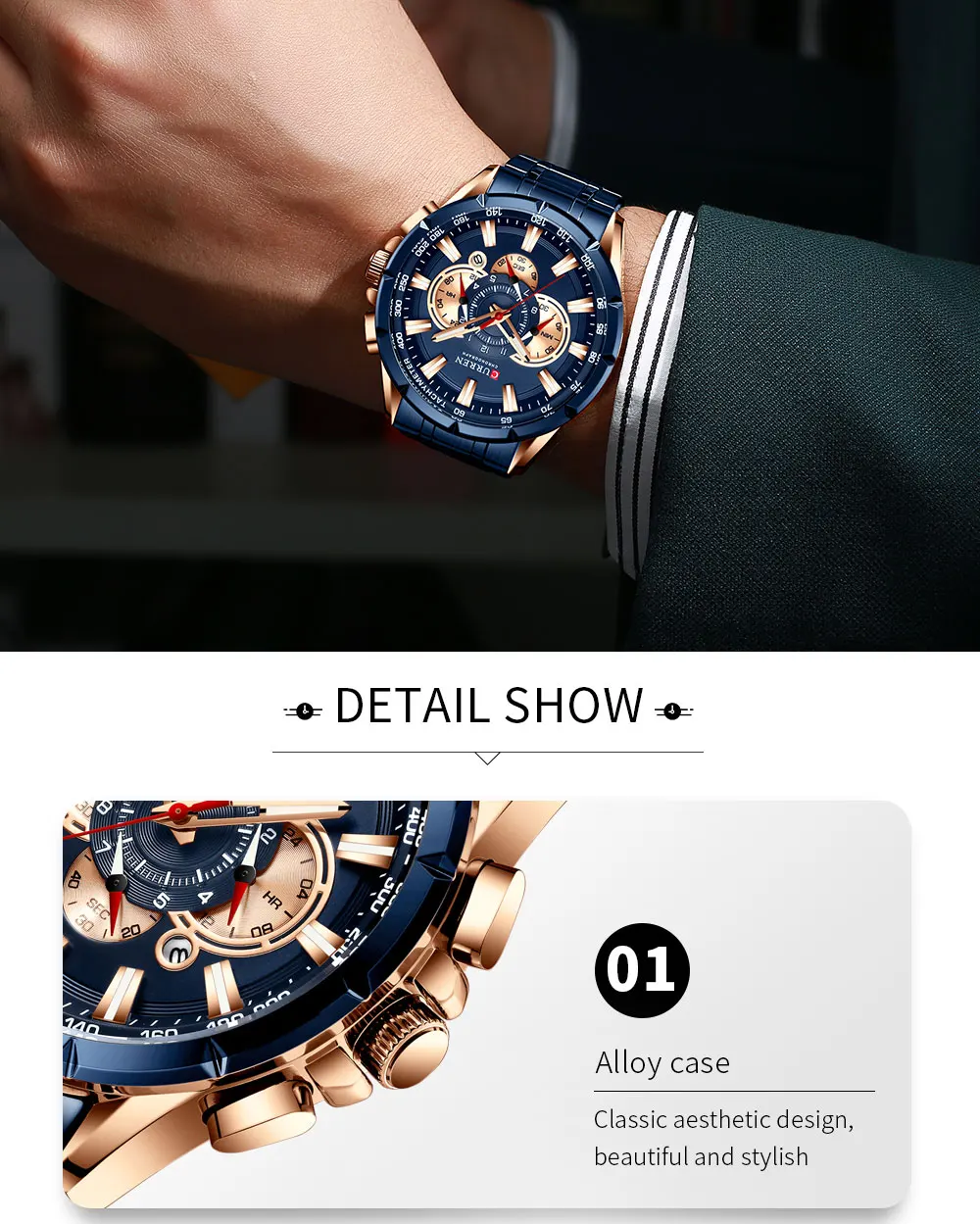 CURREN Men's Watch Casual Sports Chronograph Stainless Steel Strap Black Large Dial Quartz Waterproof Clock Luminous Display