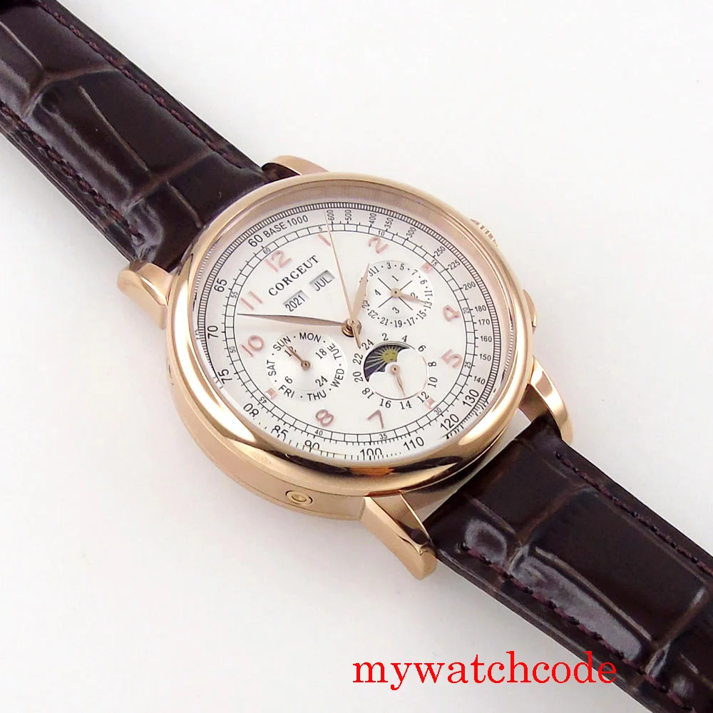 Corgeut Green/Pink/White/Black/Blue 42mm Multifunctional ST1655 Polished Automatic Men's Wristwatch Leather Strap