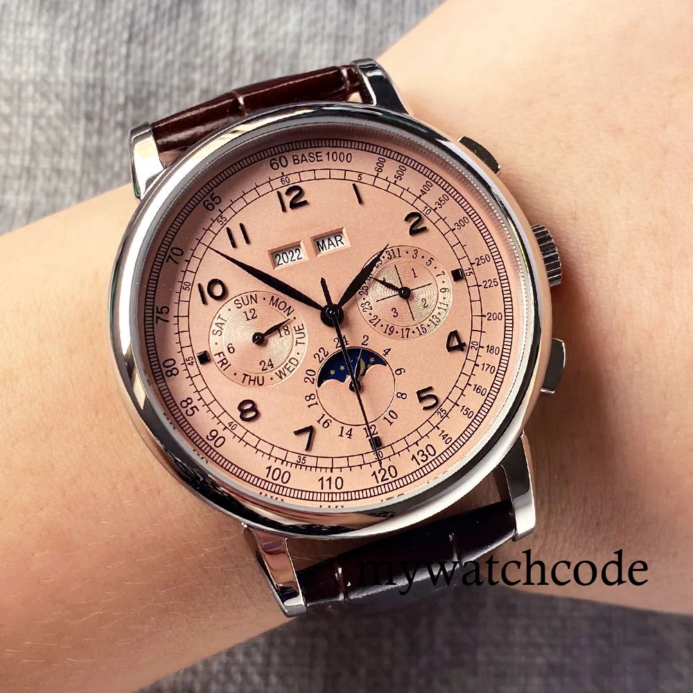 Corgeut Green/Pink/White/Black/Blue 42mm Multifunctional ST1655 Polished Automatic Men's Wristwatch Leather Strap