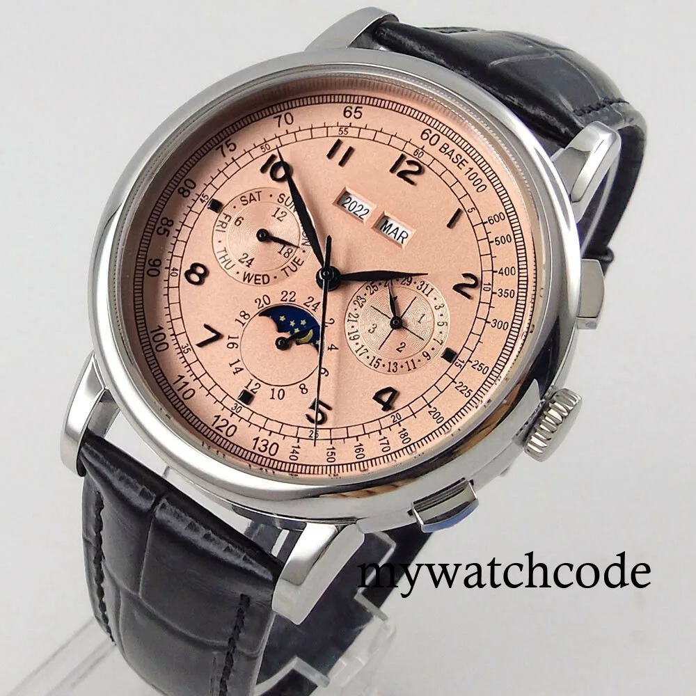 Corgeut Green/Pink/White/Black/Blue 42mm Multifunctional ST1655 Polished Automatic Men's Wristwatch Leather Strap