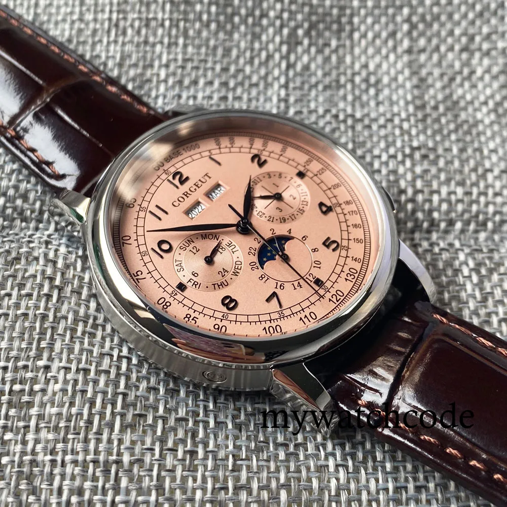 Corgeut Green/Pink/White/Black/Blue 42mm Multifunctional ST1655 Polished Automatic Men's Wristwatch Leather Strap