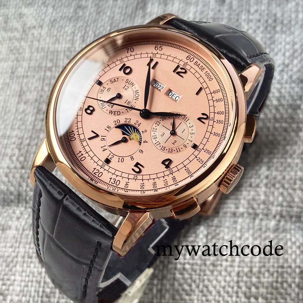 Corgeut Green/Pink/White/Black/Blue 42mm Multifunctional ST1655 Polished Automatic Men's Wristwatch Leather Strap