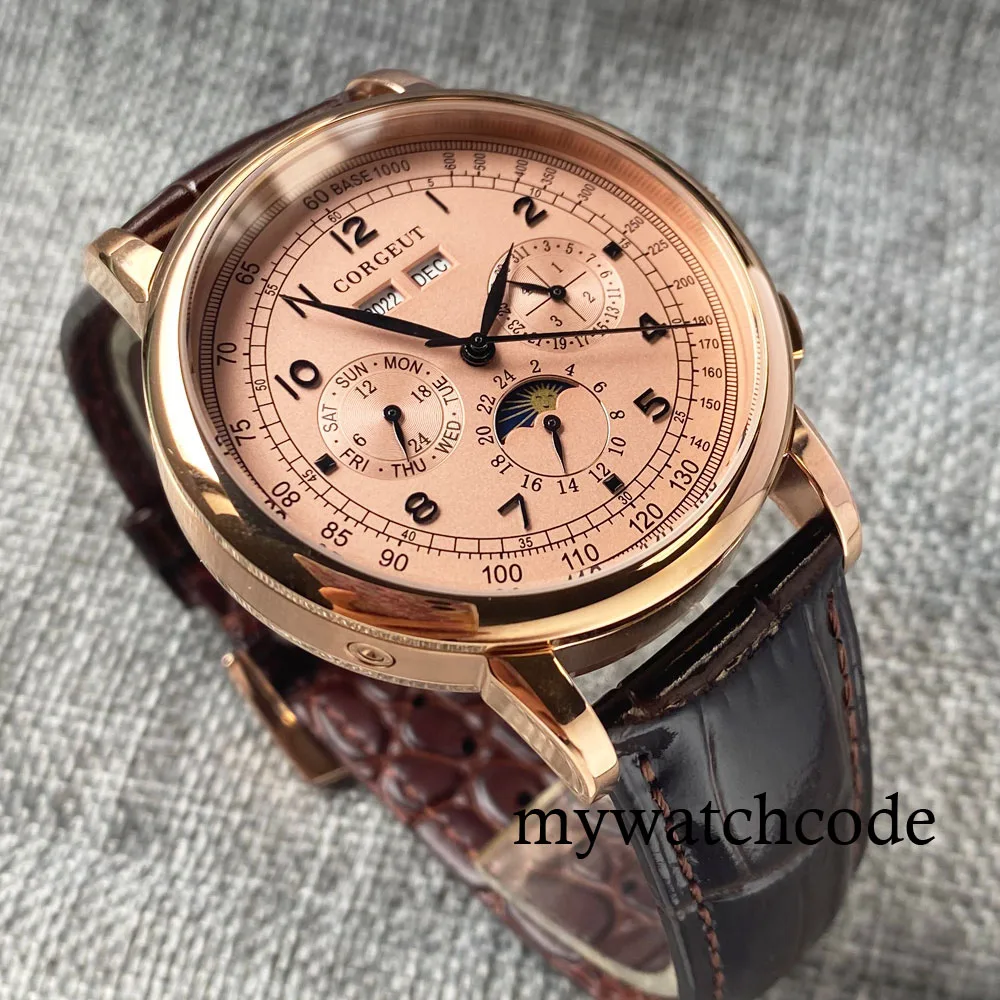 Corgeut Green/Pink/White/Black/Blue 42mm Multifunctional ST1655 Polished Automatic Men's Wristwatch Leather Strap