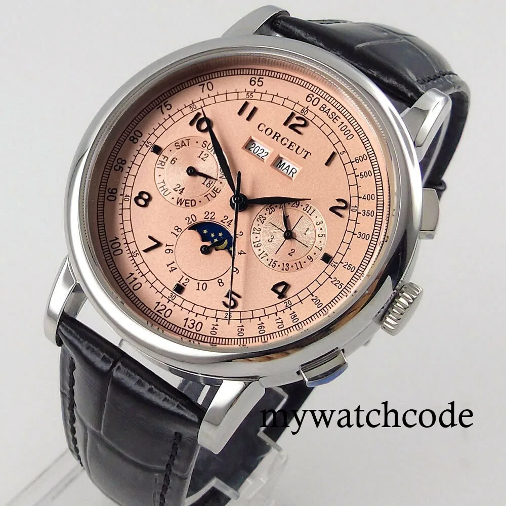 Corgeut Green/Pink/White/Black/Blue 42mm Multifunctional ST1655 Polished Automatic Men's Wristwatch Leather Strap