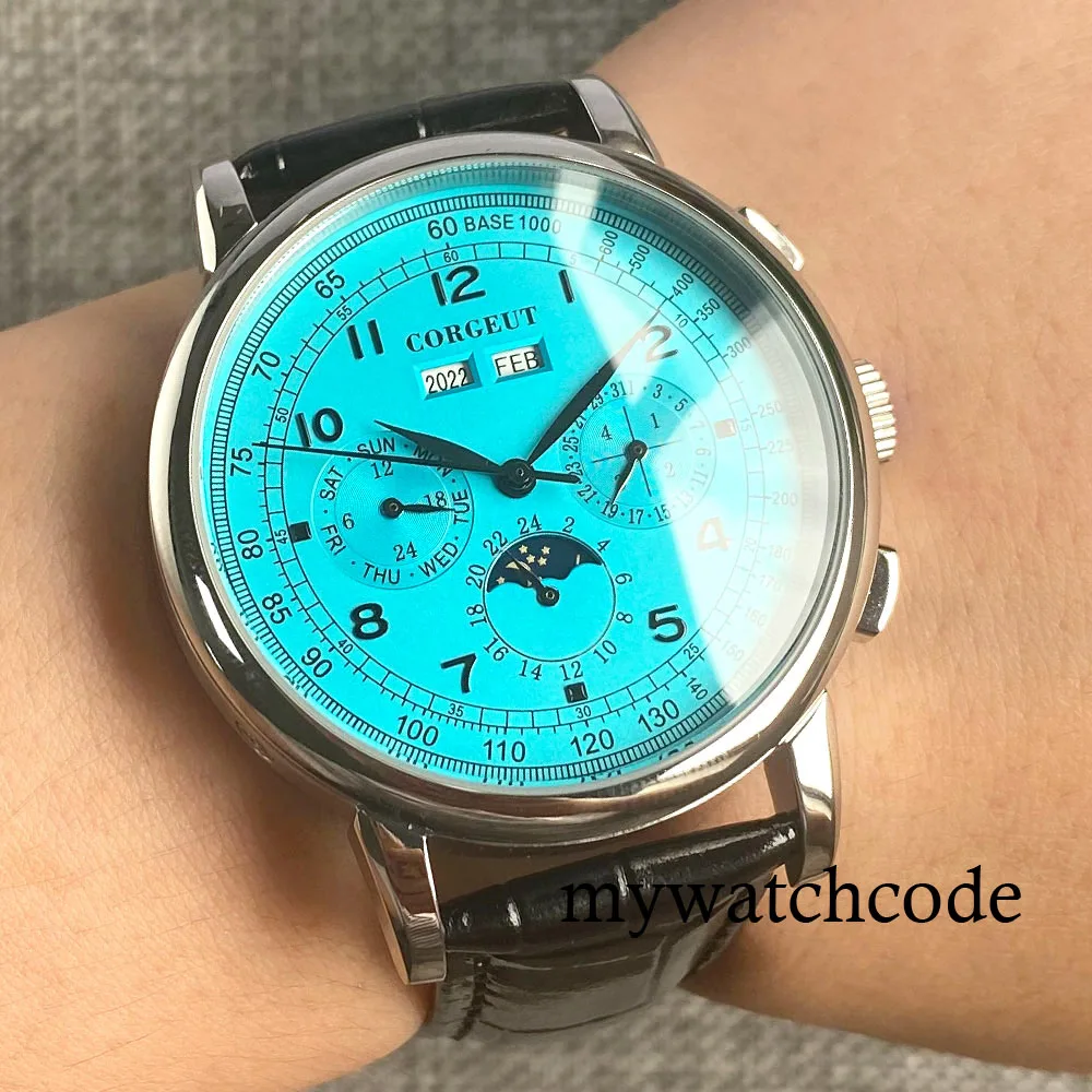 Corgeut Green/Pink/White/Black/Blue 42mm Multifunctional ST1655 Polished Automatic Men's Wristwatch Leather Strap