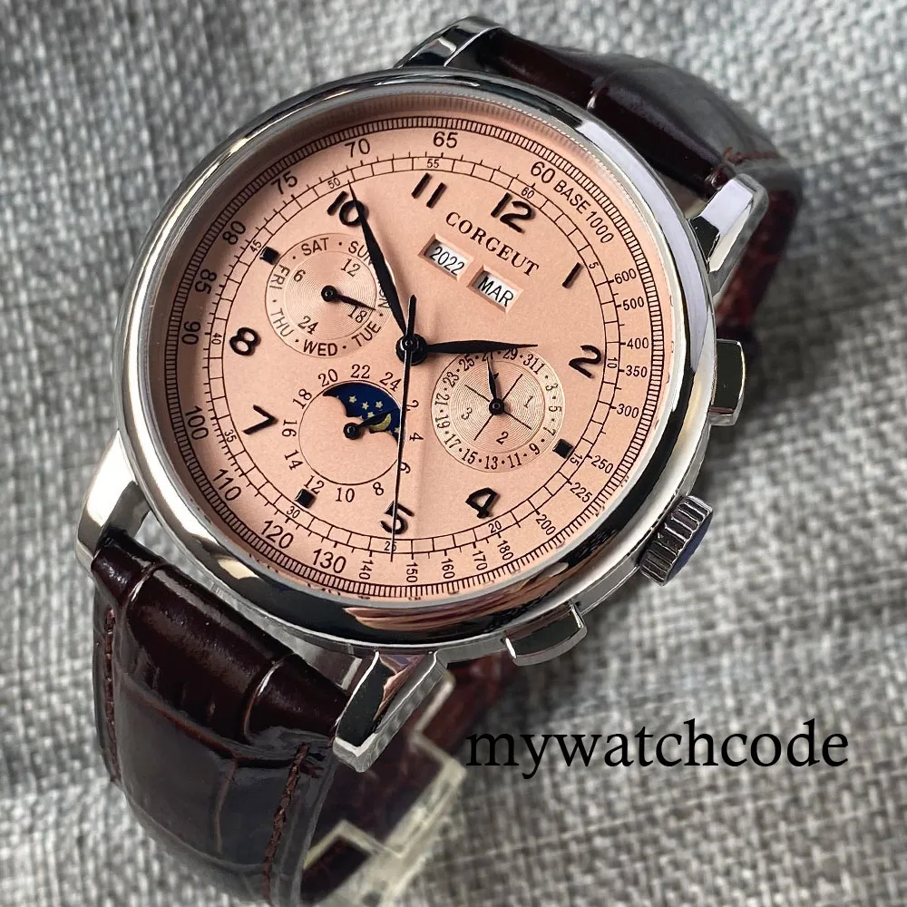 Corgeut Green/Pink/White/Black/Blue 42mm Multifunctional ST1655 Polished Automatic Men's Wristwatch Leather Strap