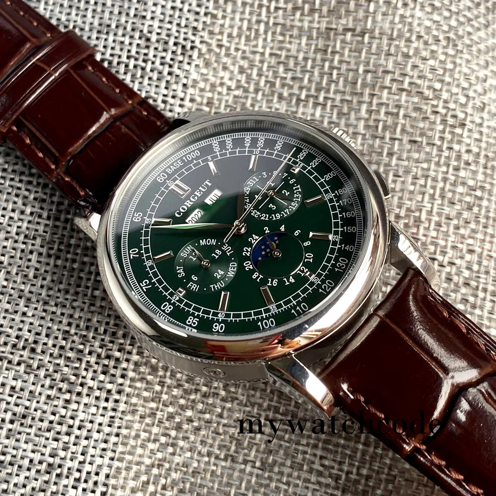 Corgeut Green/Pink/White/Black/Blue 42mm Multifunctional ST1655 Polished Automatic Men's Wristwatch Leather Strap