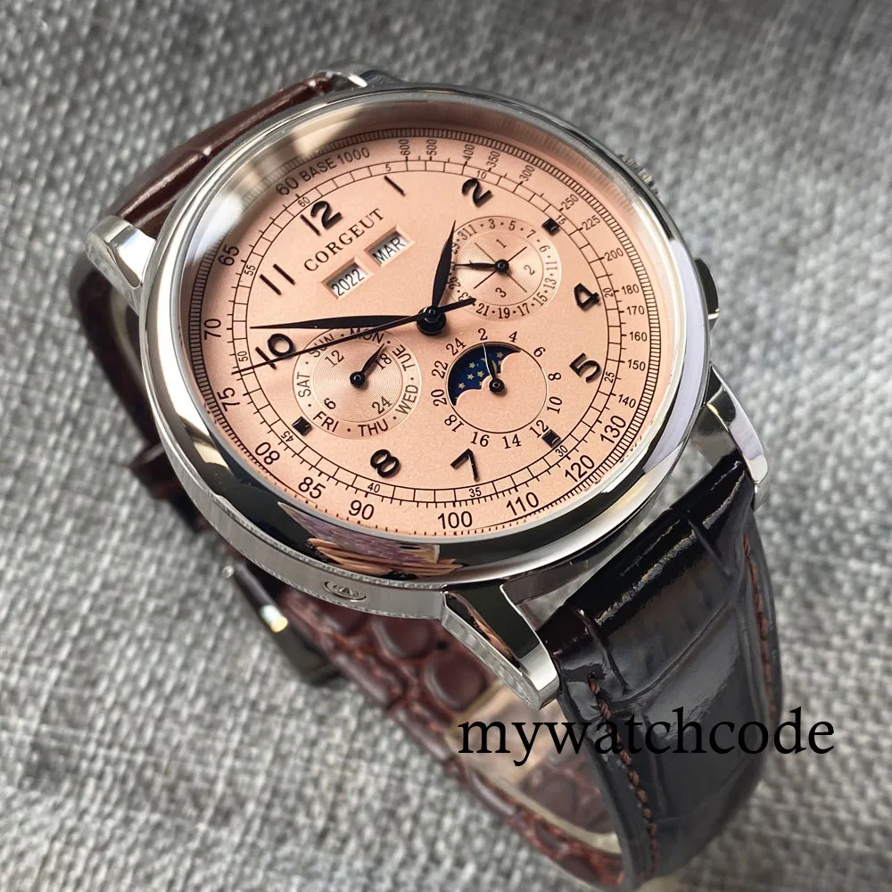 Corgeut Green/Pink/White/Black/Blue 42mm Multifunctional ST1655 Polished Automatic Men's Wristwatch Leather Strap