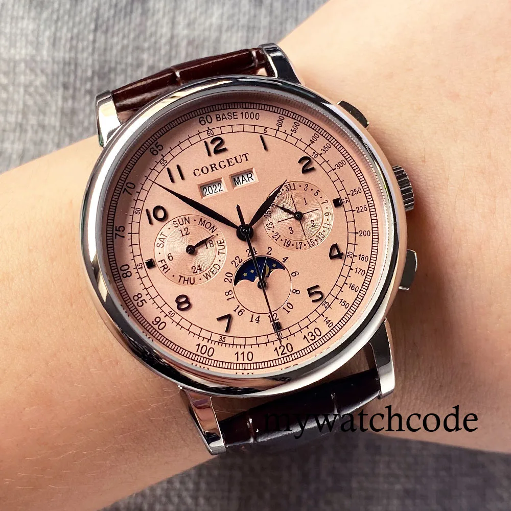 Corgeut Green/Pink/White/Black/Blue 42mm Multifunctional ST1655 Polished Automatic Men's Wristwatch Leather Strap