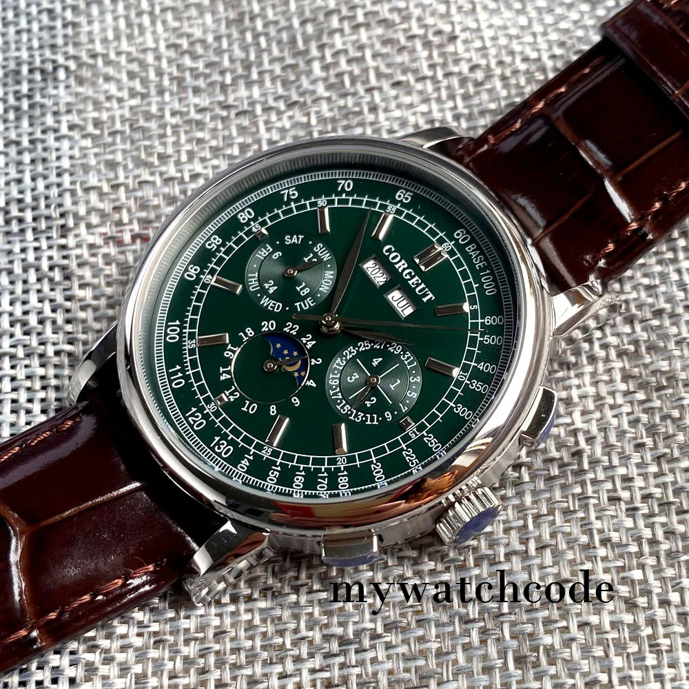 Corgeut Green/Pink/White/Black/Blue 42mm Multifunctional ST1655 Polished Automatic Men's Wristwatch Leather Strap
