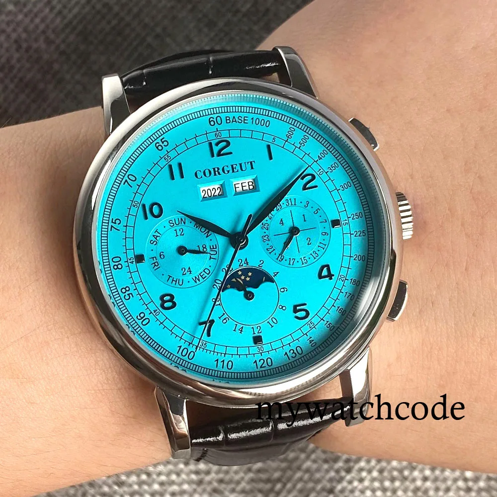 Corgeut Green/Pink/White/Black/Blue 42mm Multifunctional ST1655 Polished Automatic Men's Wristwatch Leather Strap