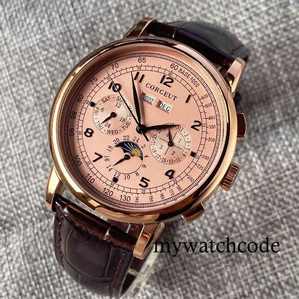 Corgeut Green/Pink/White/Black/Blue 42mm Multifunctional ST1655 Polished Automatic Men's Wristwatch Leather Strap
