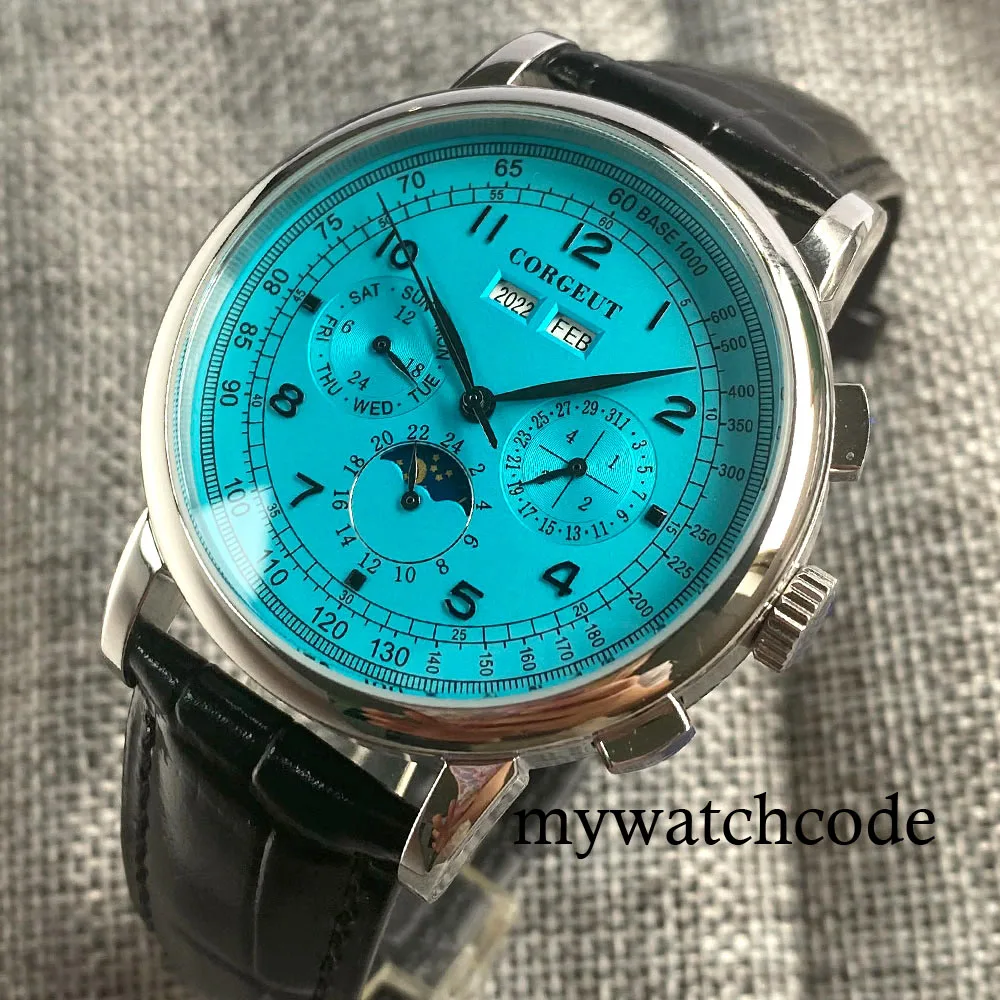 Corgeut Green/Pink/White/Black/Blue 42mm Multifunctional ST1655 Polished Automatic Men's Wristwatch Leather Strap