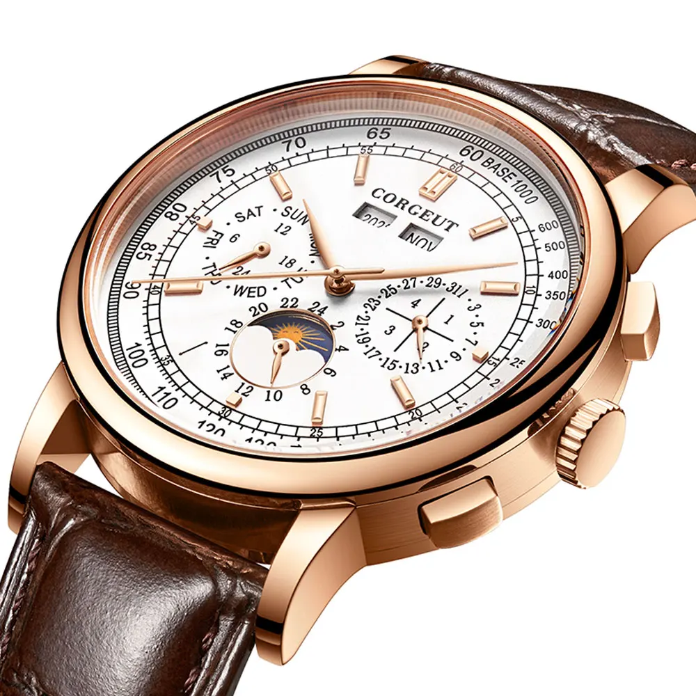 Corgeut Green/Pink/White/Black/Blue 42mm Multifunctional ST1655 Polished Automatic Men's Wristwatch Leather Strap