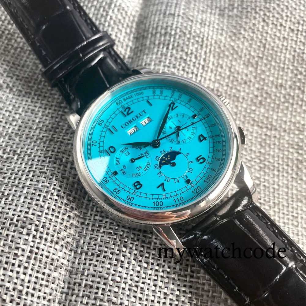 Corgeut Green/Pink/White/Black/Blue 42mm Multifunctional ST1655 Polished Automatic Men's Wristwatch Leather Strap