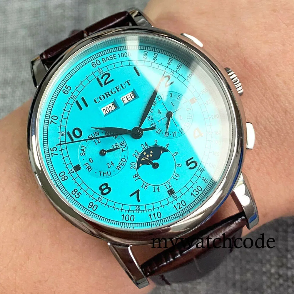 Corgeut Green/Pink/White/Black/Blue 42mm Multifunctional ST1655 Polished Automatic Men's Wristwatch Leather Strap