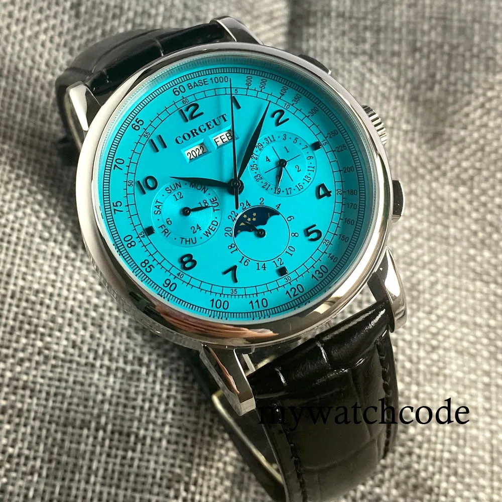 Corgeut Green/Pink/White/Black/Blue 42mm Multifunctional ST1655 Polished Automatic Men's Wristwatch Leather Strap