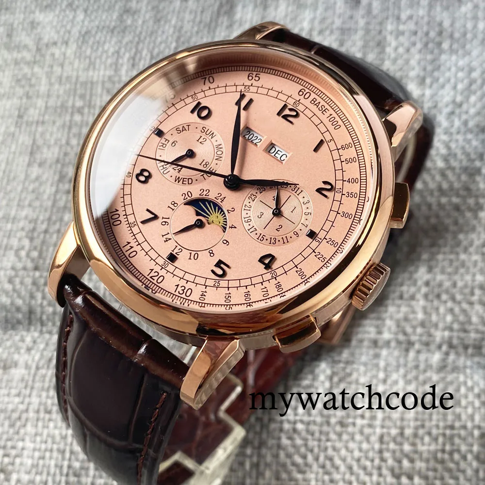 Corgeut Green/Pink/White/Black/Blue 42mm Multifunctional ST1655 Polished Automatic Men's Wristwatch Leather Strap