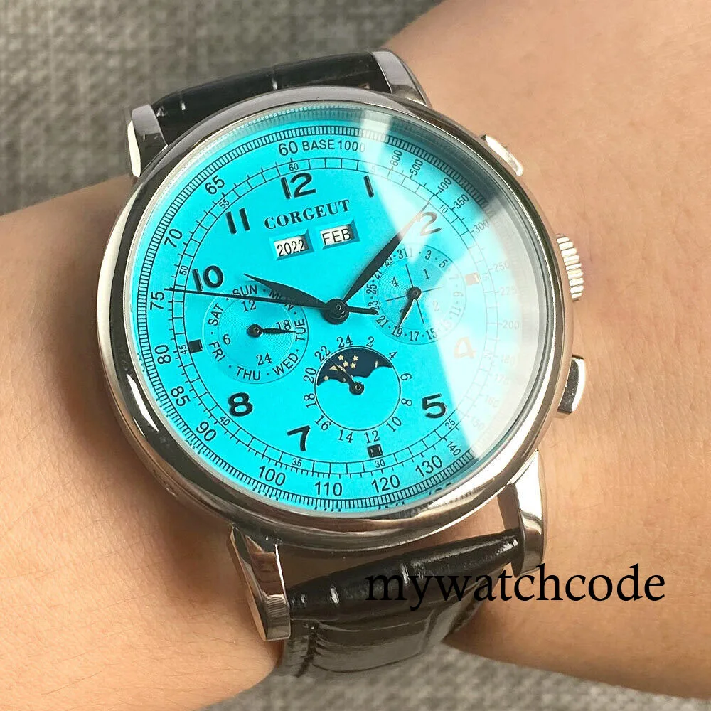 Corgeut Green/Pink/White/Black/Blue 42mm Multifunctional ST1655 Polished Automatic Men's Wristwatch Leather Strap