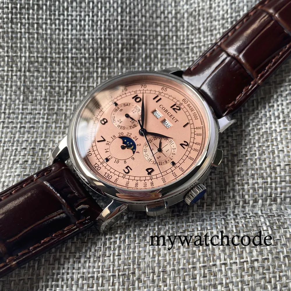 Corgeut Green/Pink/White/Black/Blue 42mm Multifunctional ST1655 Polished Automatic Men's Wristwatch Leather Strap
