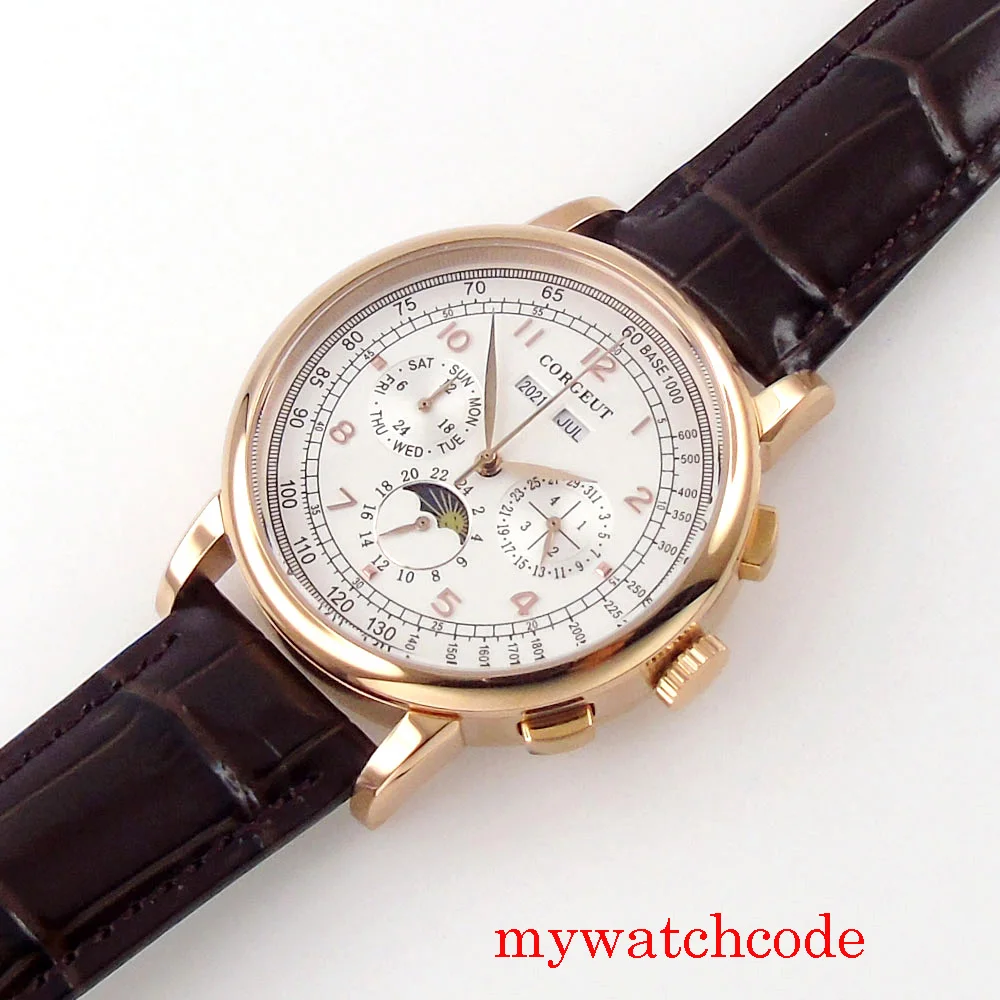Corgeut Green/Pink/White/Black/Blue 42mm Multifunctional ST1655 Polished Automatic Men's Wristwatch Leather Strap