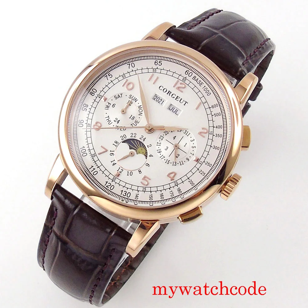Corgeut Green/Pink/White/Black/Blue 42mm Multifunctional ST1655 Polished Automatic Men's Wristwatch Leather Strap