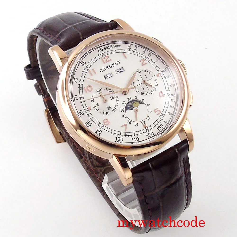 Corgeut Green/Pink/White/Black/Blue 42mm Multifunctional ST1655 Polished Automatic Men's Wristwatch Leather Strap