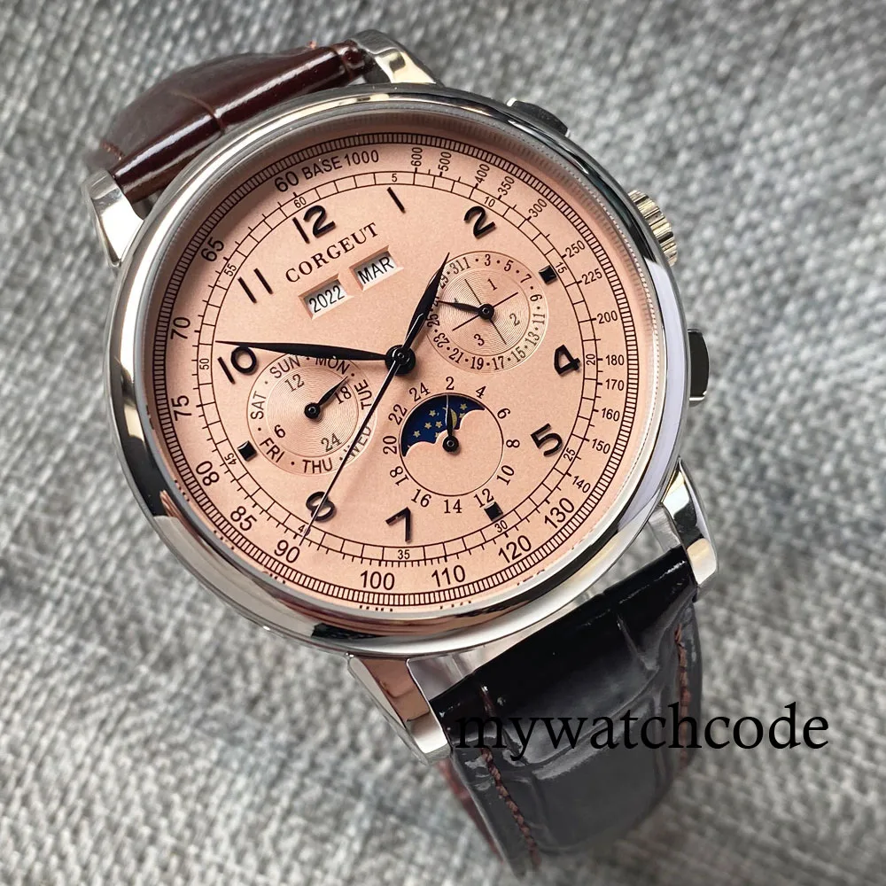 Corgeut Green/Pink/White/Black/Blue 42mm Multifunctional ST1655 Polished Automatic Men's Wristwatch Leather Strap