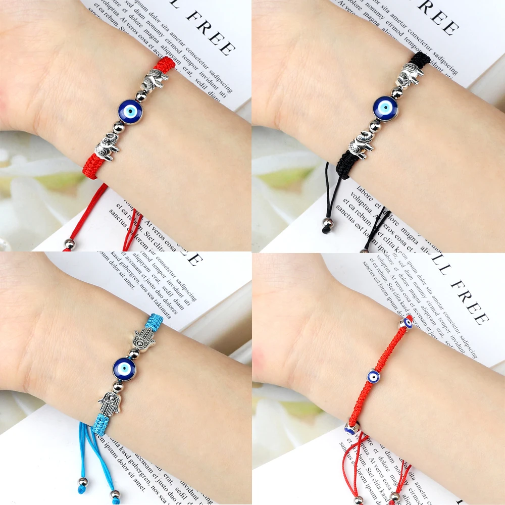 Adjustable Handmade Braided String Bracelet Women Men Blue Turkish Evil Eyes Beads Bracelet Elephant Bangle Couple Lucky Jewelry