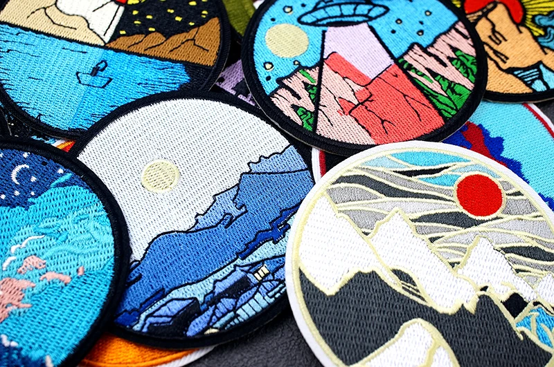 UFO Nebula Landscape Patches Embroidery For T-Shirt Iron On Appliques Clothes Jeans Stickers Badges Mountain Peak