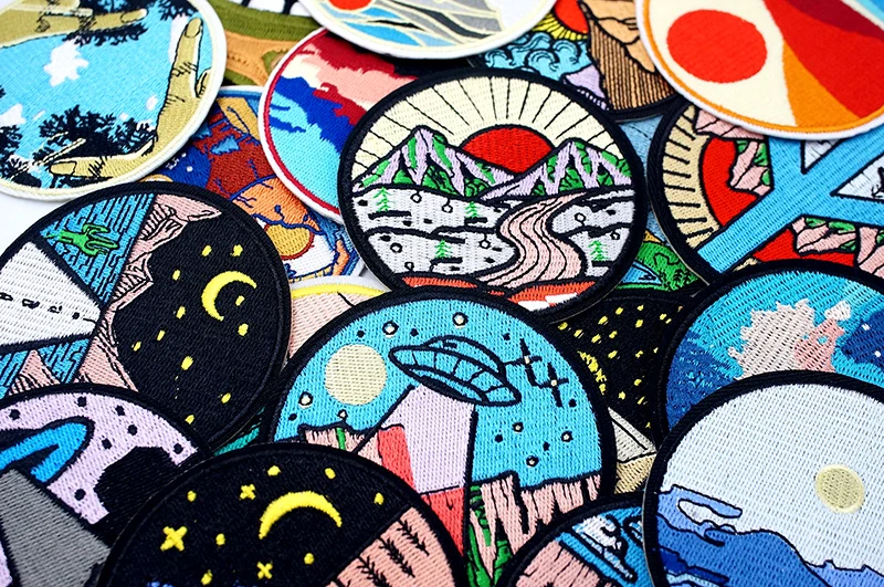 UFO Nebula Landscape Patches Embroidery For T-Shirt Iron On Appliques Clothes Jeans Stickers Badges Mountain Peak