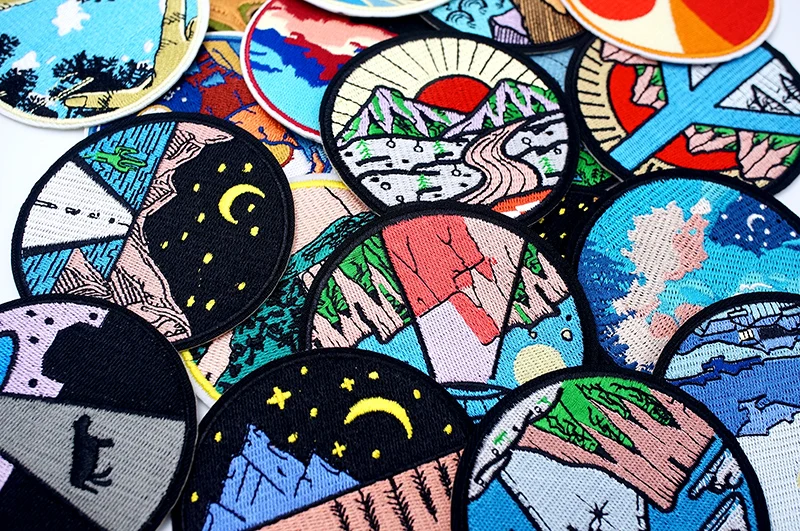 UFO Nebula Landscape Patches Embroidery For T-Shirt Iron On Appliques Clothes Jeans Stickers Badges Mountain Peak