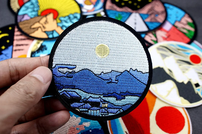 UFO Nebula Landscape Patches Embroidery For T-Shirt Iron On Appliques Clothes Jeans Stickers Badges Mountain Peak