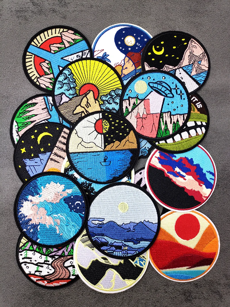 UFO Nebula Landscape Patches Embroidery For T-Shirt Iron On Appliques Clothes Jeans Stickers Badges Mountain Peak