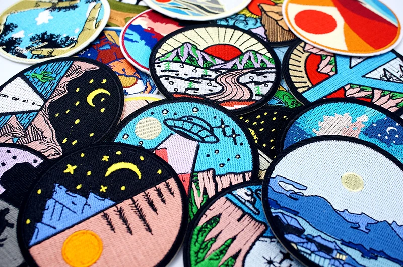 UFO Nebula Landscape Patches Embroidery For T-Shirt Iron On Appliques Clothes Jeans Stickers Badges Mountain Peak