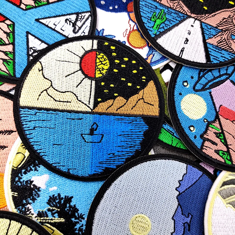 UFO Nebula Landscape Patches Embroidery For T-Shirt Iron On Appliques Clothes Jeans Stickers Badges Mountain Peak